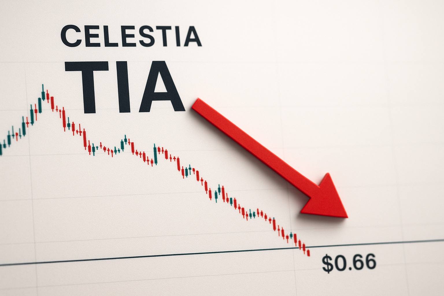 Candlestick chart under the Celestia TIA logo showing a steep decline marked by a large red downward arrow pointing to the $0.66 price level.