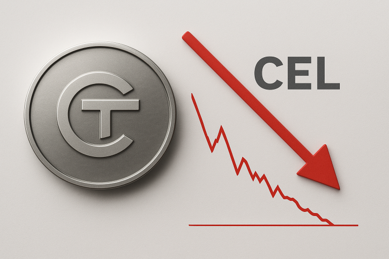 Silver Celestia coin alongside a red jagged falling price chart and downward arrow beneath the letters “CEL,” symbolizing the token hitting six-month lows after the Matcha upgrade failed to spark a recovery.