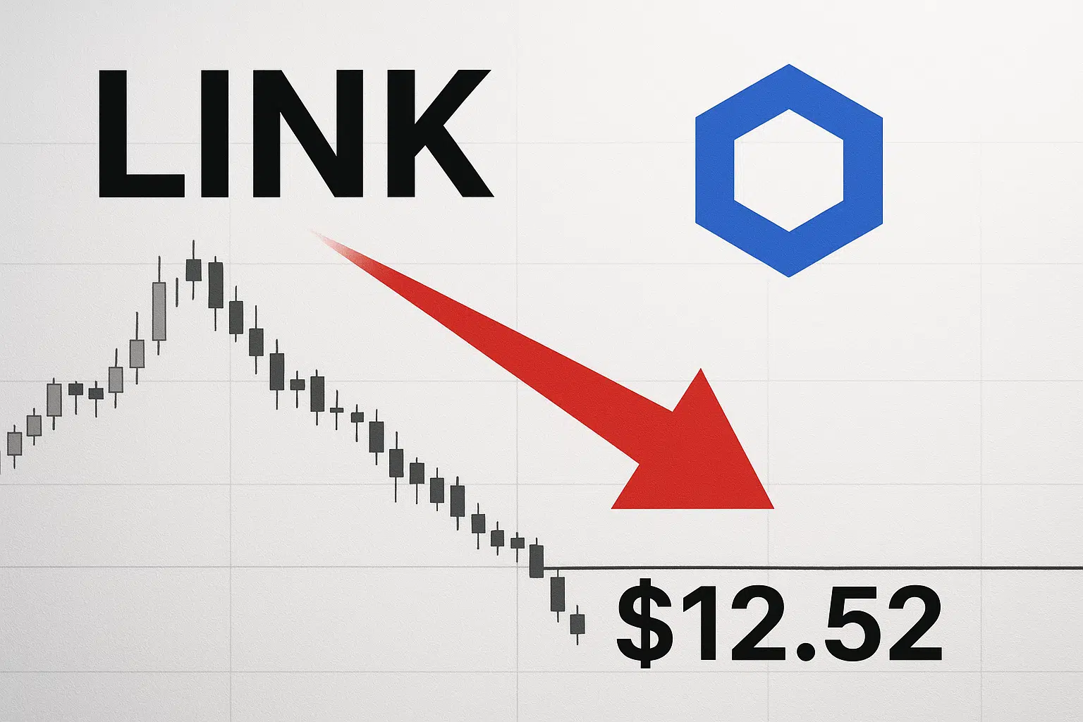 Chainlink (LINK) text and blue hexagon logo beside a downward-trending candlestick chart, with a large red arrow pointing to a horizontal support line at $12.52, illustrating the price testing critical support near multi-month lows.