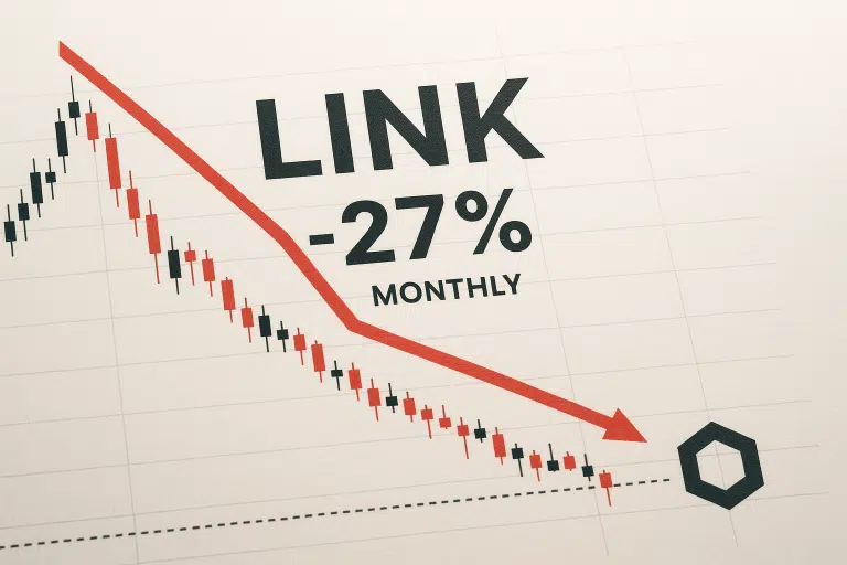 Chainlink candlestick chart showing a sharp 27% monthly decline, marked by a bold red downward arrow pointing to the Chainlink logo at a critical support level.