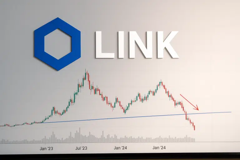 Chainlink logo above a candlestick price chart from Jan ’23 to Jan ’24, featuring a blue upward trendline and a red arrow marking the point where prices break below critical support amid low volume bars.
