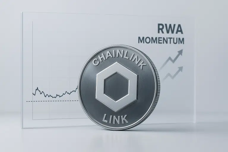 A metallic Chainlink coin stands before a transparent chart labeled “RWA Momentum,” showing a jagged price line and upward-pointing arrows.