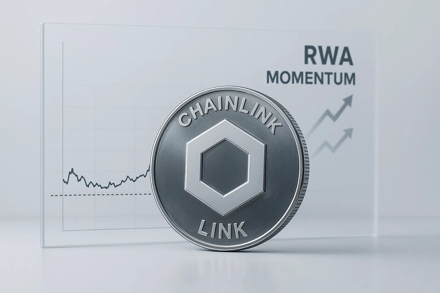 A metallic Chainlink coin stands before a transparent chart labeled “RWA Momentum,” showing a jagged price line and upward-pointing arrows.