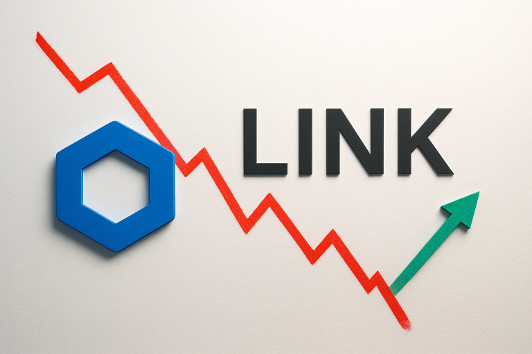 Chainlink logo and the word LINK beside a red jagged line sloping downward before turning into a green upward arrow, symbolizing a dip to monthly lows and renewed recovery hopes.