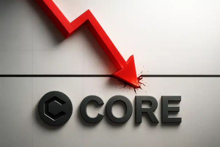 Red jagged arrow plunges through a support line onto a black “CORE” logo, illustrating the Core Network’s 22% crash