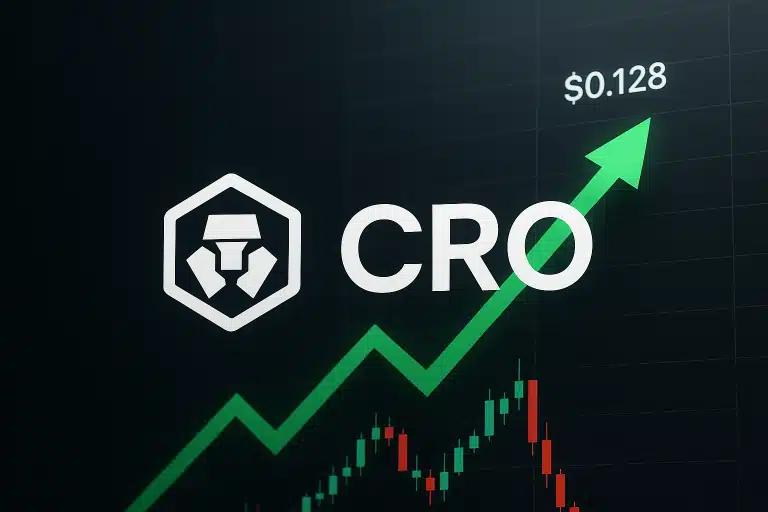 Crypto.com CRO token logo and “$0.128” price displayed over a candlestick chart with a bold green upward arrow, illustrating consolidation after an 11.5% surge tied to a Trump Media partnership.
