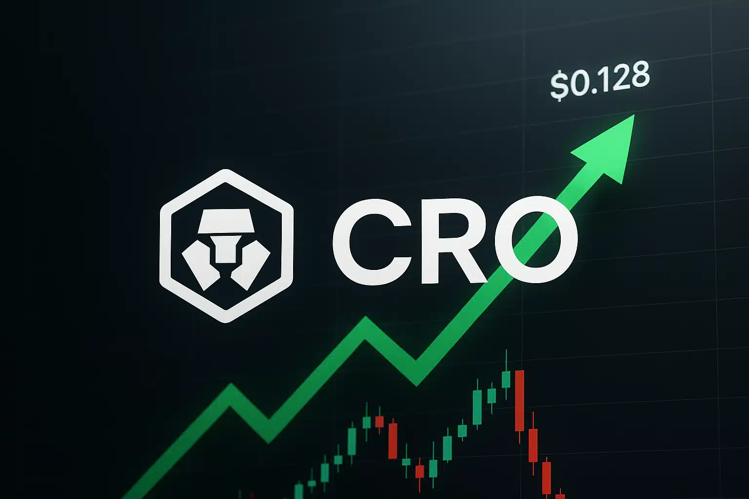 Crypto.com CRO token logo and “$0.128” price displayed over a candlestick chart with a bold green upward arrow, illustrating consolidation after an 11.5% surge tied to a Trump Media partnership.