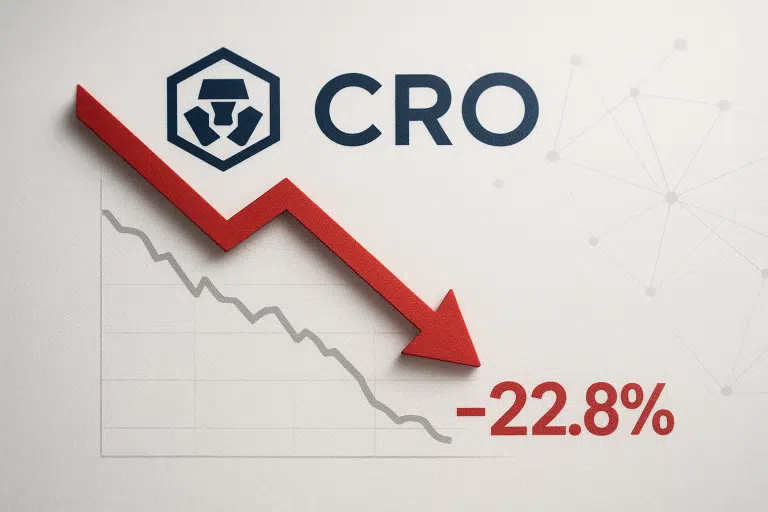 Crypto.com (CRO) logo with a red jagged downward arrow overlaying a faded declining price chart and bold “-22.8%” figure.
