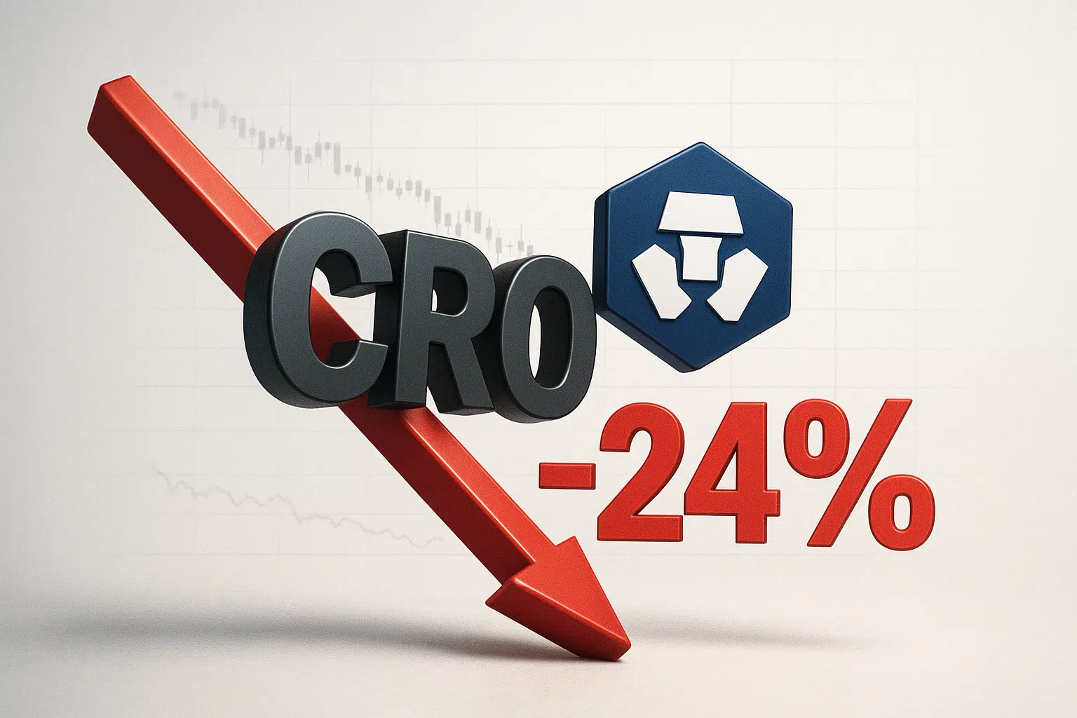 Graphic showing the CRO token symbol next to the Crypto.com logo with a large red downward arrow and “-24%” indicating a 24% plunge.