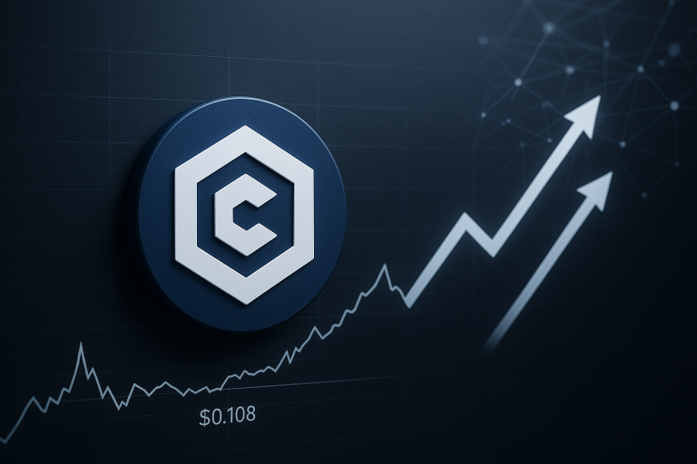 Stylized Cronos cryptocurrency logo displayed against a dark chart showing price movements around $0.108, with upward-sloping lines, arrows and connected network nodes suggesting rising momentum and AI-driven developer interest.