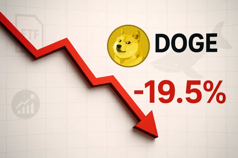 Red jagged arrow trending sharply downward on a grid background beside a gold Dogecoin logo and large red “-19.5%” text.