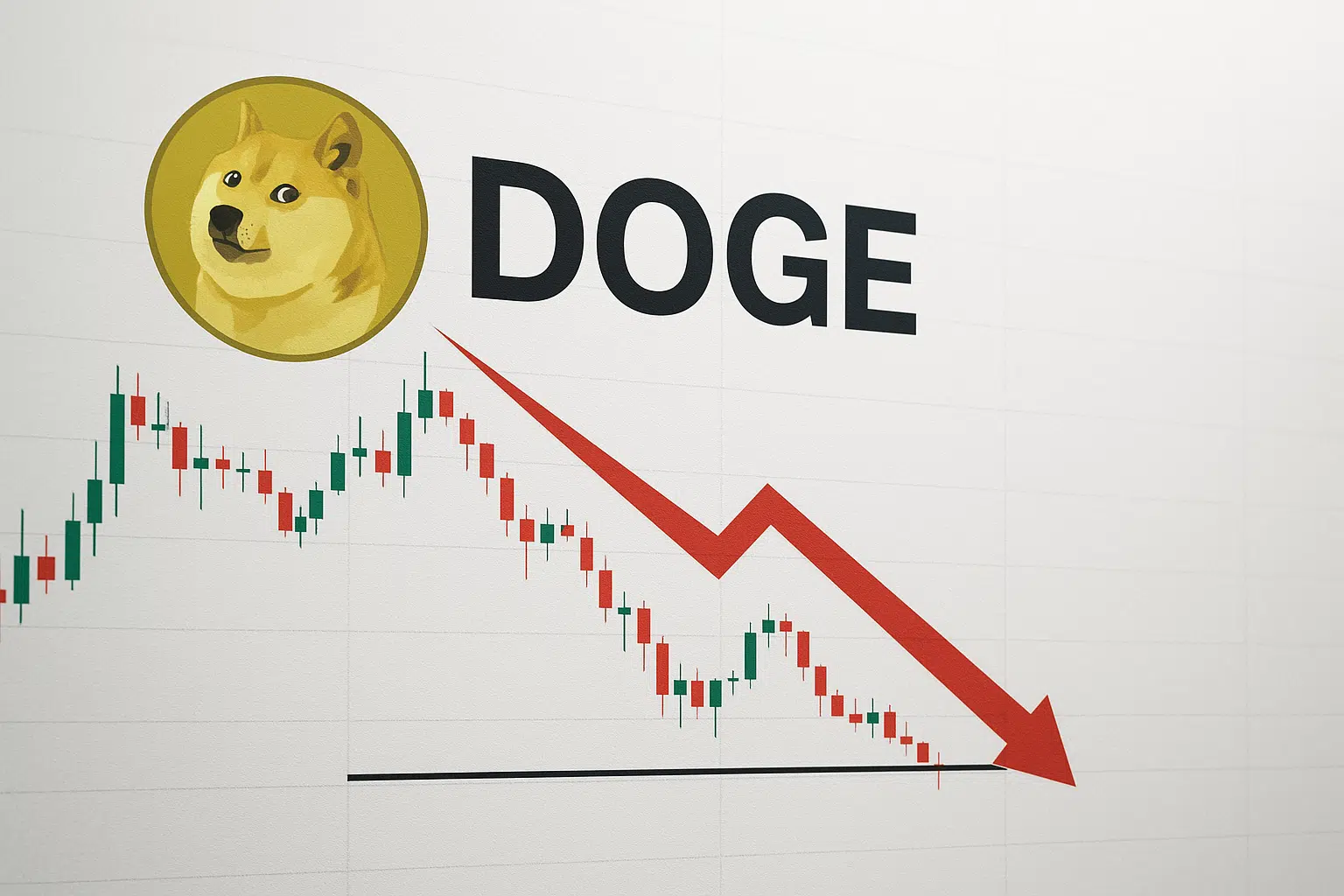 Dogecoin logo above a downward‐trending candlestick chart, with a bold red arrow pointing to a horizontal support line under the word DOGE