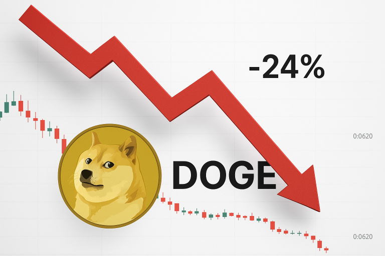 Graphic of a Dogecoin coin icon over a falling candlestick chart with a large red zigzag arrow pointing down and “-24%” prominently displayed to illustrate the plunge.