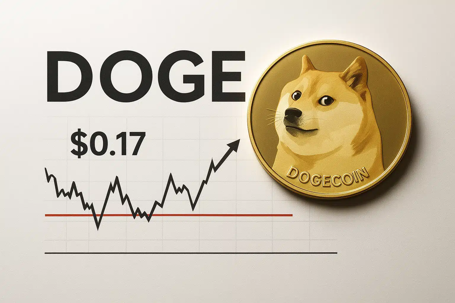 Fluctuating Dogecoin price chart dipping to a red $0.17 support line before reversing upward, alongside a gold Dogecoin coin bearing the Shiba Inu dog