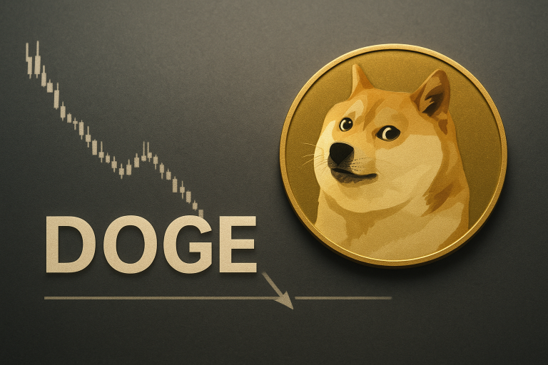 Gold Dogecoin coin with Shiba Inu face beside a series of downward-trending candlestick bars and the text DOGE with a downward arrow on a dark background.