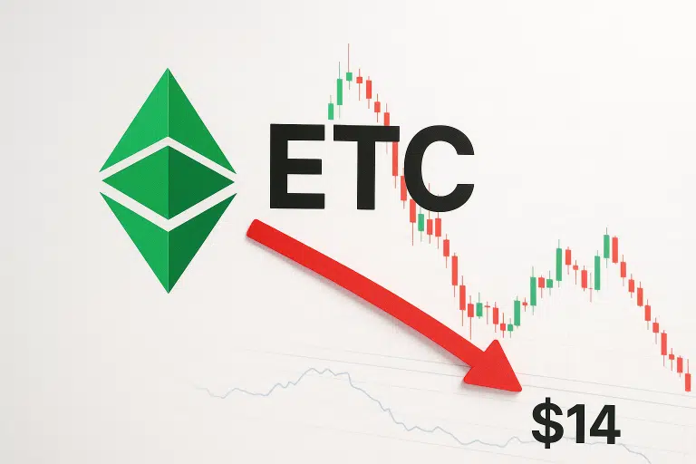 Green Ethereum Classic logo and bold “ETC” lettering with a red downward arrow over a falling candlestick chart dipping below $14.