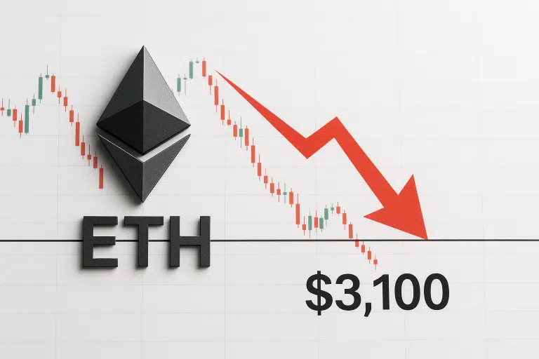 Ethereum symbol next to a candlestick chart dropping below $3,100, highlighted by a large red downward arrow.