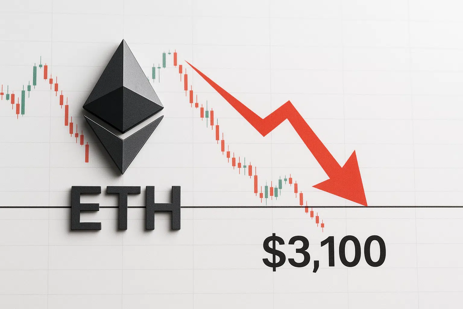 Ethereum symbol next to a candlestick chart dropping below $3,100, highlighted by a large red downward arrow.