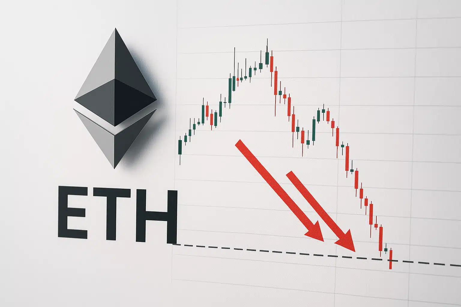 Ethereum logo and “ETH” label next to a candlestick chart showing a sharp downtrend and red arrows highlighting a dashed horizontal support line near multi-month lows