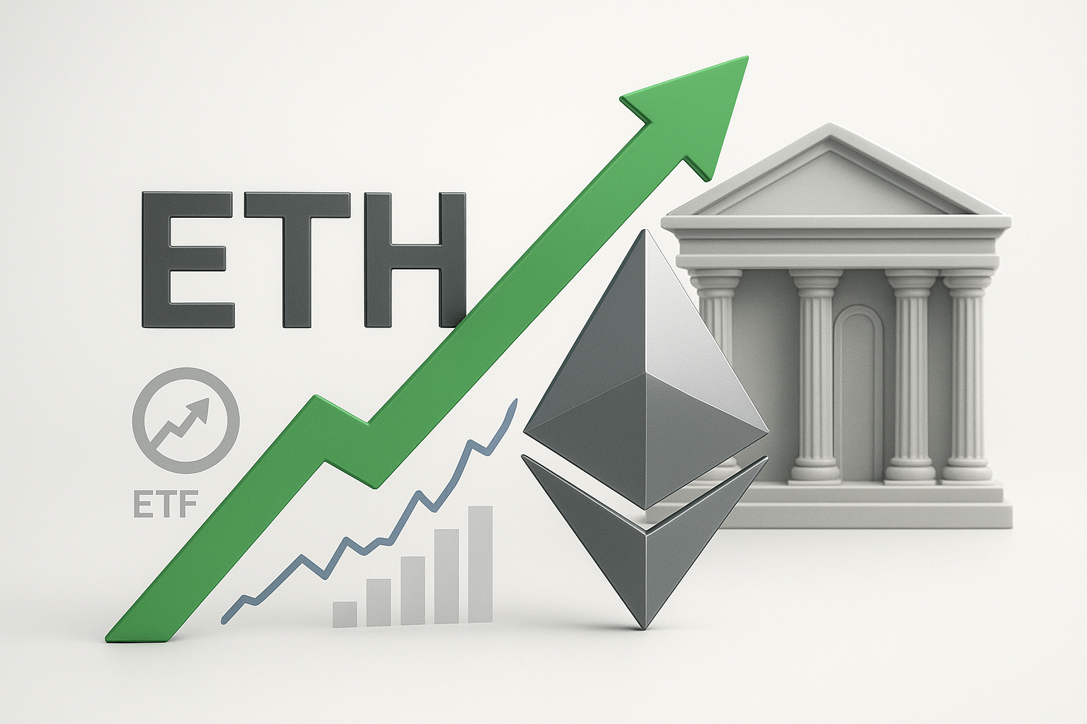 Stylized Ethereum logo and “ETH” text beside a classical bank building, overlaid with a green upward arrow, a rising line chart and an ETF icon indicating a market rebound.