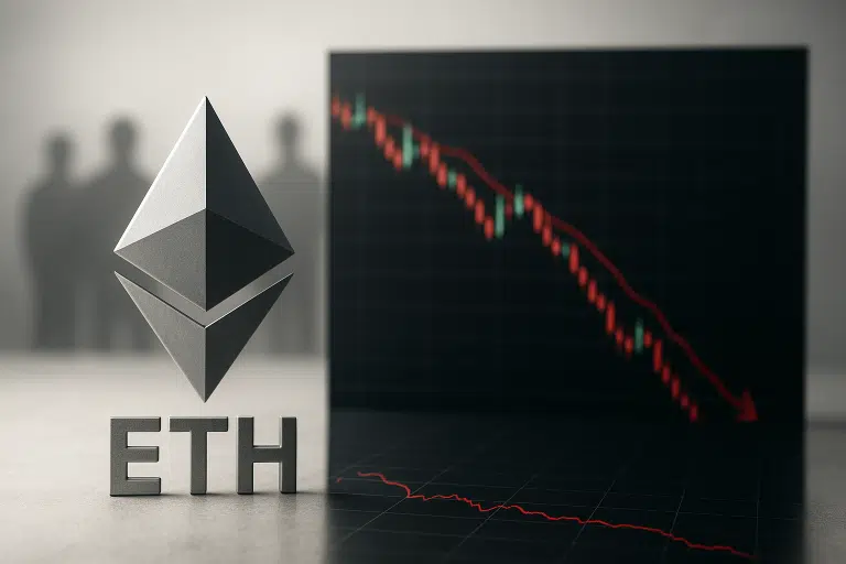 Metallic 3D Ethereum logo and “ETH” lettering next to a dark candlestick chart plunging downward with a red arrow, silhouetted figures blurred in the background.