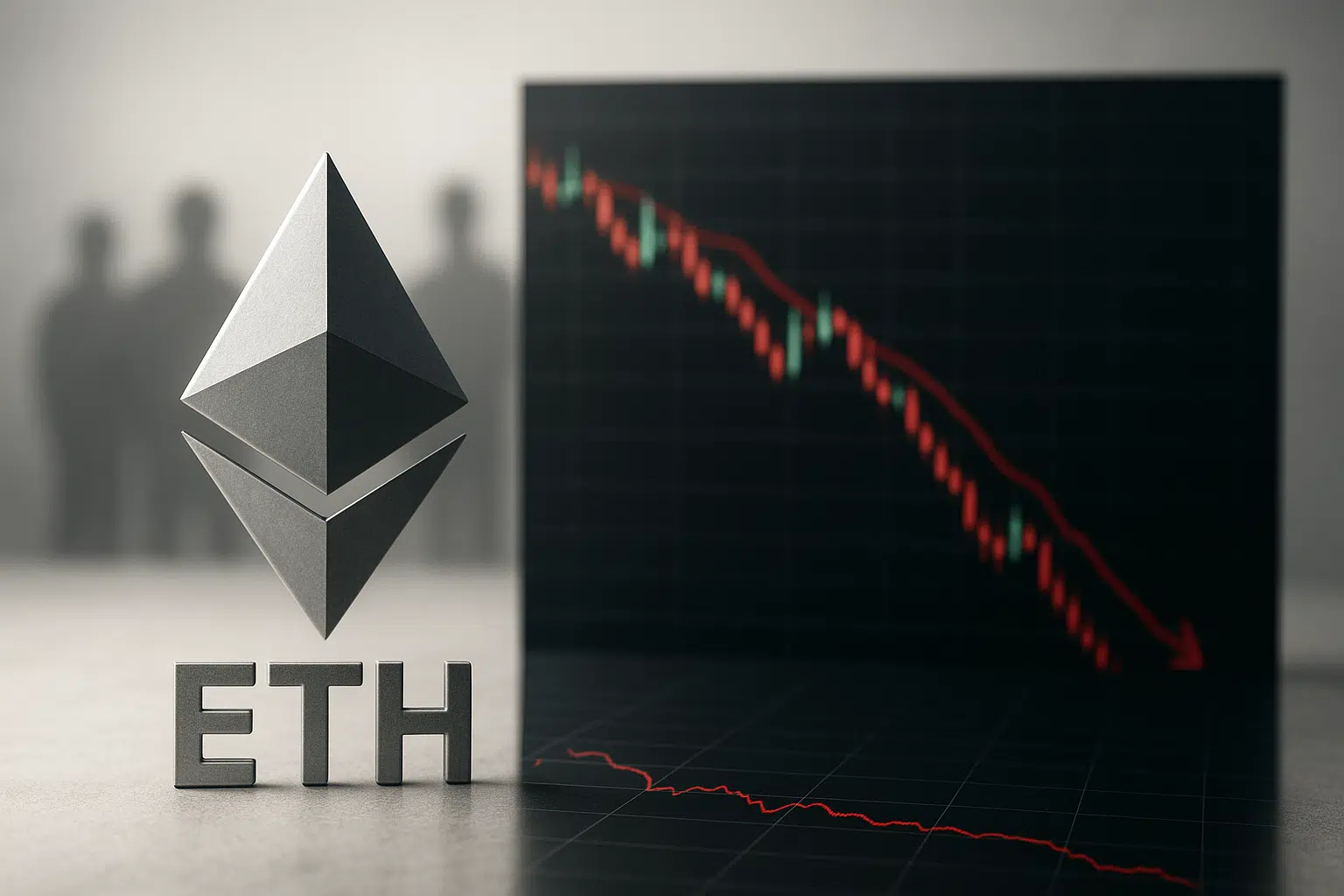 Metallic 3D Ethereum logo and “ETH” lettering next to a dark candlestick chart plunging downward with a red arrow, silhouetted figures blurred in the background.