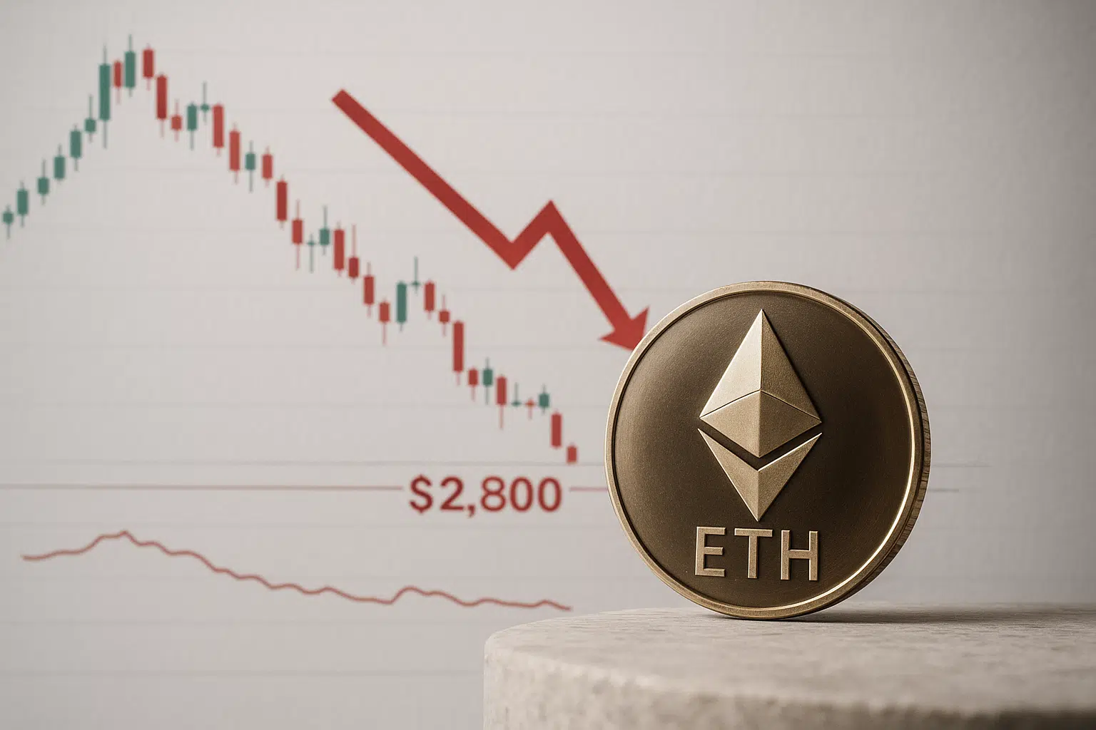 Gold Ethereum token in foreground with a declining candlestick chart and red arrow pointing down to $2,800 in the background, illustrating Ethereum testing critical support and oversold conditions.