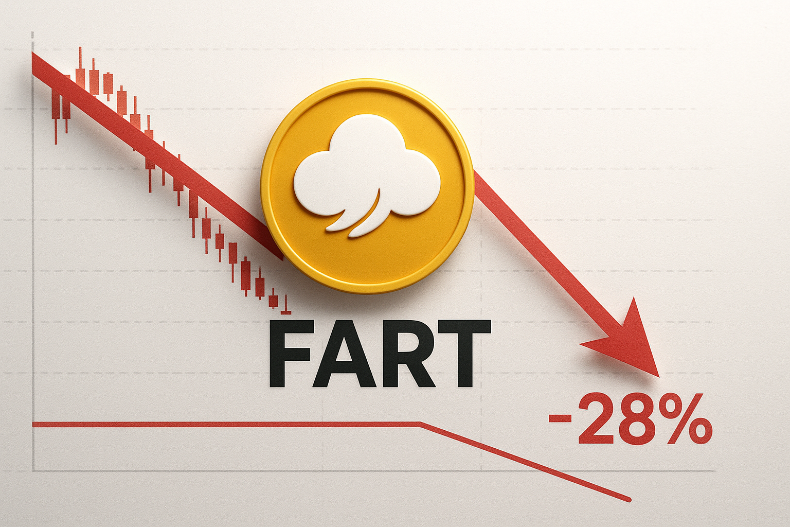 Golden Fartcoin token with a stylized cloud logo beside a red downward candlestick chart and arrow pointing to “-28%,” illustrating a steep weekly slide.