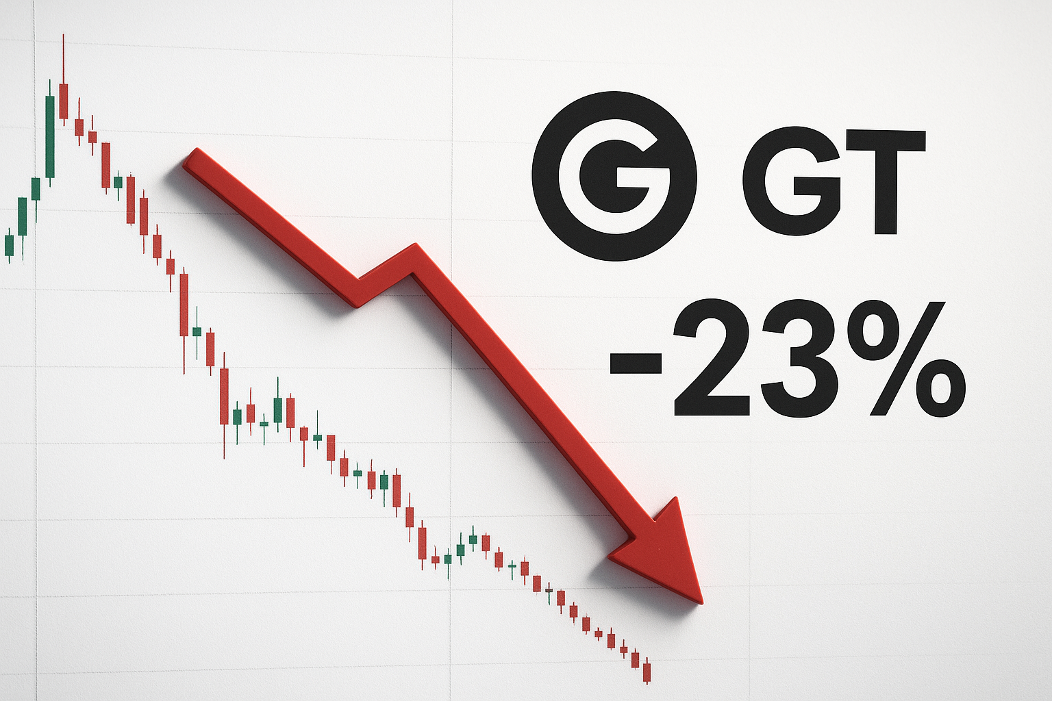 Downward‐trending candlestick chart on a grid background showing GateToken’s price collapse, highlighted by a large red arrow pointing down and bold “GT –23%” text.