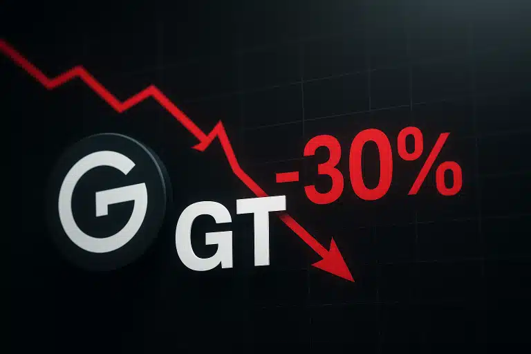 Stylized GT logo alongside a red downward trending chart arrow and bold “-30%” text on a dark grid background