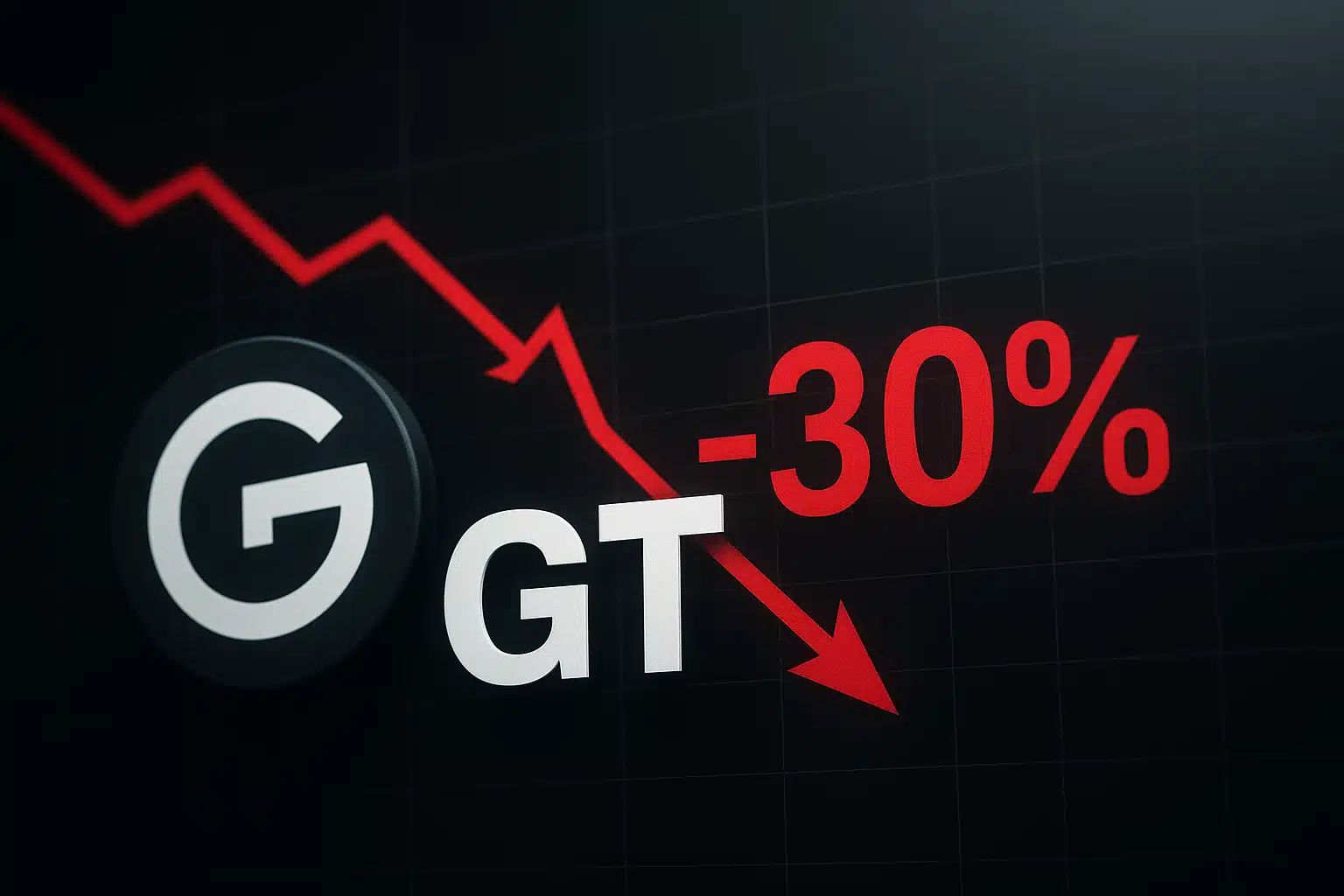 Stylized GT logo alongside a red downward trending chart arrow and bold “-30%” text on a dark grid background