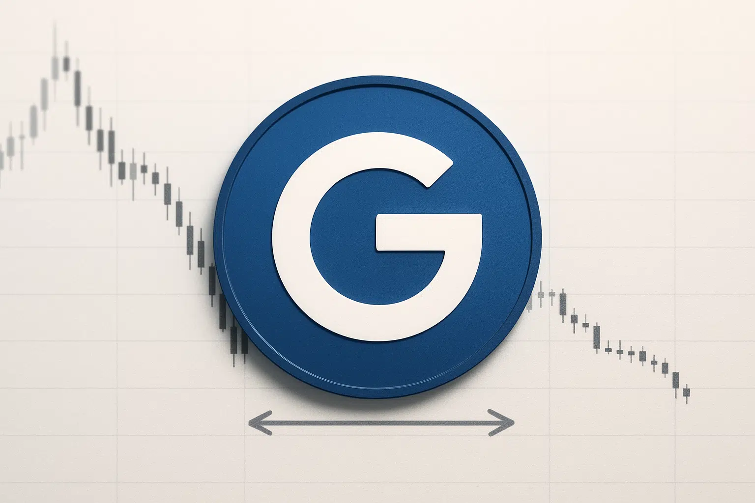 GateToken logo superimposed on a downtrending candlestick chart with a horizontal double-headed arrow marking critical support level.
