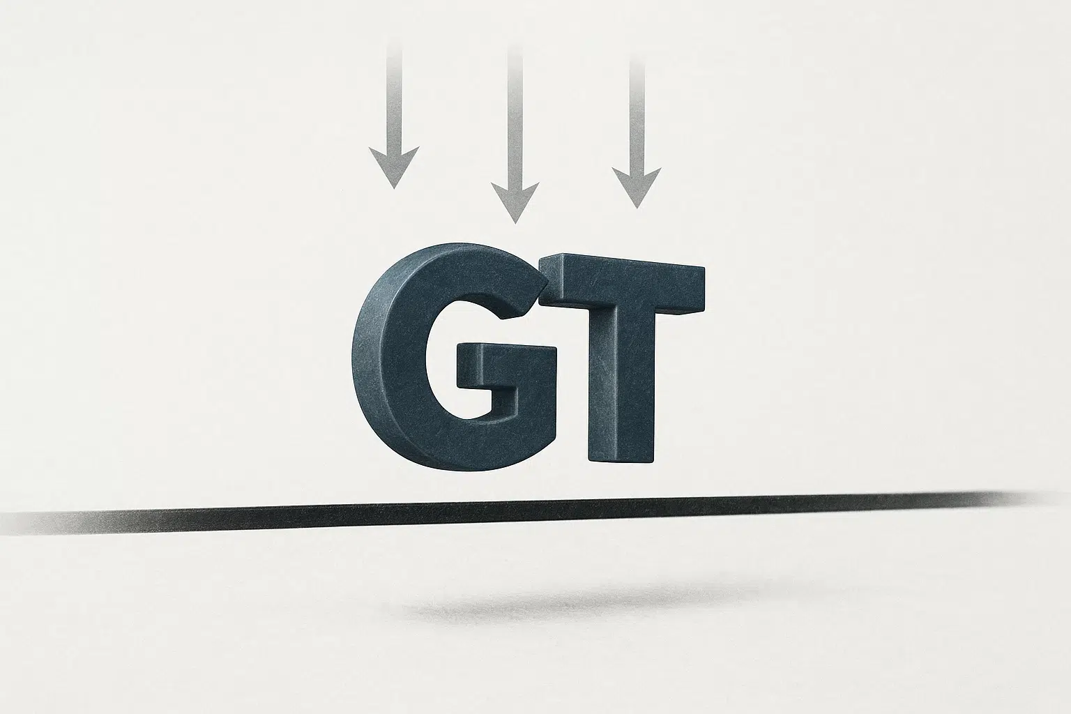 3D dark metallic letters “GT” suspended just above a bold horizontal line, with three downward-pointing arrows above, suggesting GateToken testing a critical support level.
