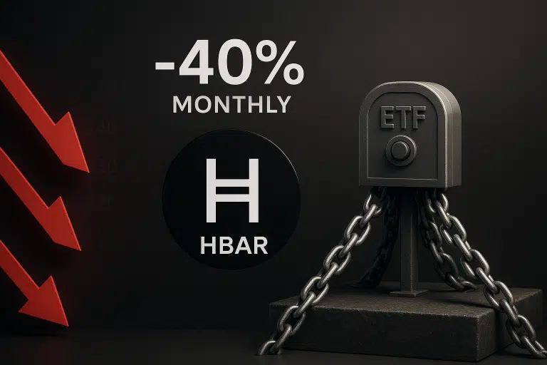 HBAR logo under a bold “-40% monthly” headline with red downward arrows beside a chained ETF vault representing institutional support as a price floor