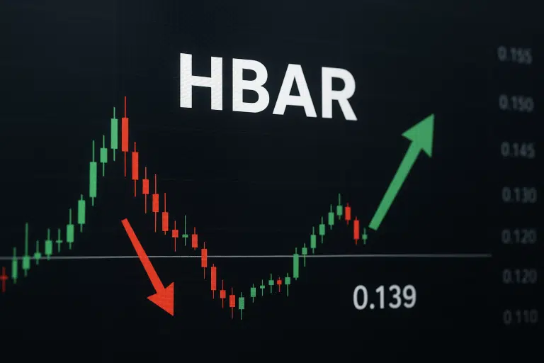 Candlestick chart labeled “HBAR” showing red and green bars dipping to the $0.139 level with a red downward arrow at the low point and a green upward arrow signaling a rebound.