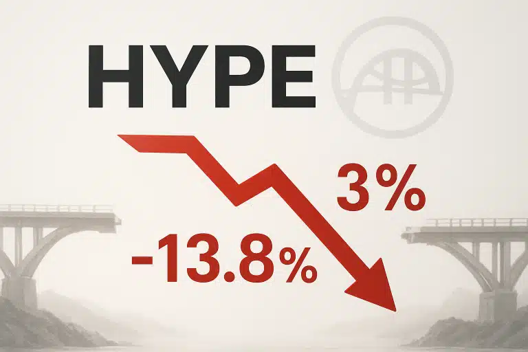 HYPE in bold letters above a jagged red arrow plunging downward to –13.8% with a 3% label, set against a misty broken bridge backdrop.