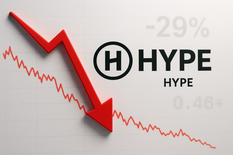Bold red arrow plunging sharply along a descending red line chart, beside the black HYPE logo and a faint “-29%” indicating a steep drop.