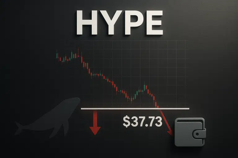 HYPE displayed above a dark candlestick chart sloping downward toward a white support line labeled $37.73, with a whale silhouette and red arrow on the left and a wallet icon with a red arrow on the right.