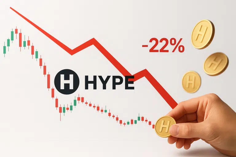 Candlestick chart overlaid by a bold red downward zigzag line ending at “-22%”, the black H logo with “HYPE” text at center, and several gold coins embossed with an H—one held by a hand—against a white background.