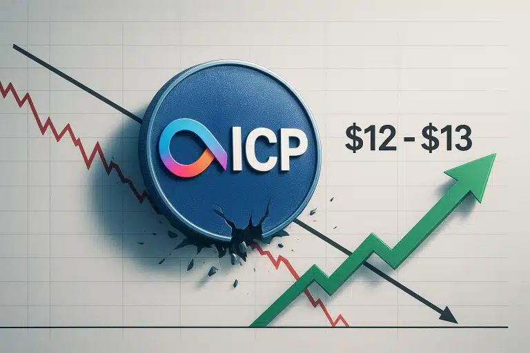 Blue ICP coin icon breaks through a descending trend line on a grid chart, while a green arrow rises and $12–$13 price target appears.