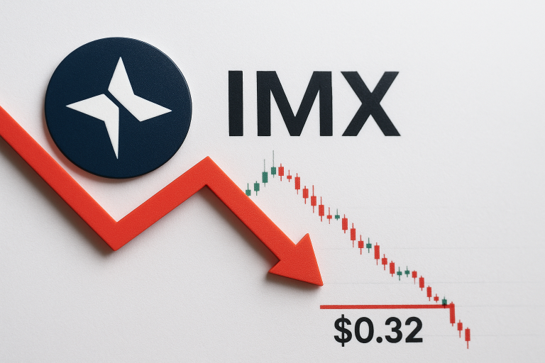 IMX cryptocurrency logo with a red downward arrow and a falling candlestick chart sloping to a $0.32 support line.