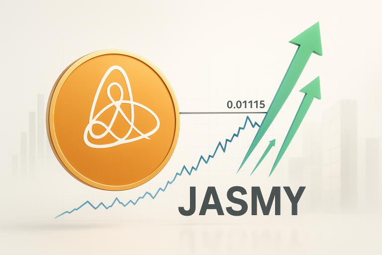 Golden JasmyCoin token beside a jagged blue price chart breaking above the 0.01115 level, three green upward arrows and bold “JASMY” text signify a bullish consolidation breakout.