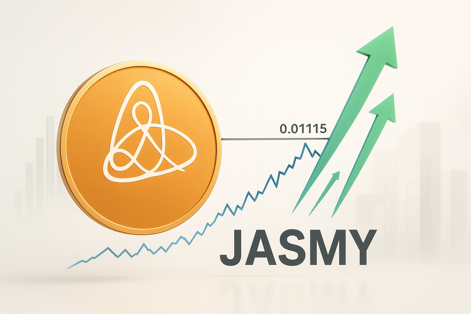 Golden JasmyCoin token beside a jagged blue price chart breaking above the 0.01115 level, three green upward arrows and bold “JASMY” text signify a bullish consolidation breakout.