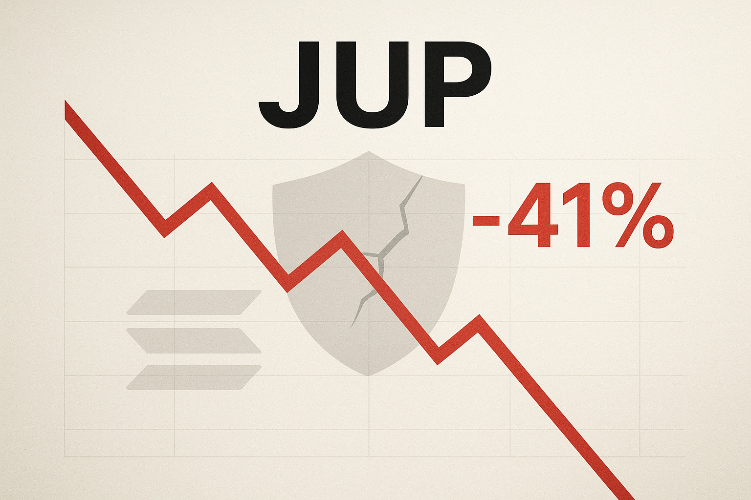 Graphic of the word JUP above a red jagged line chart plunging 41%, set against a cracked shield and faint Solana logo