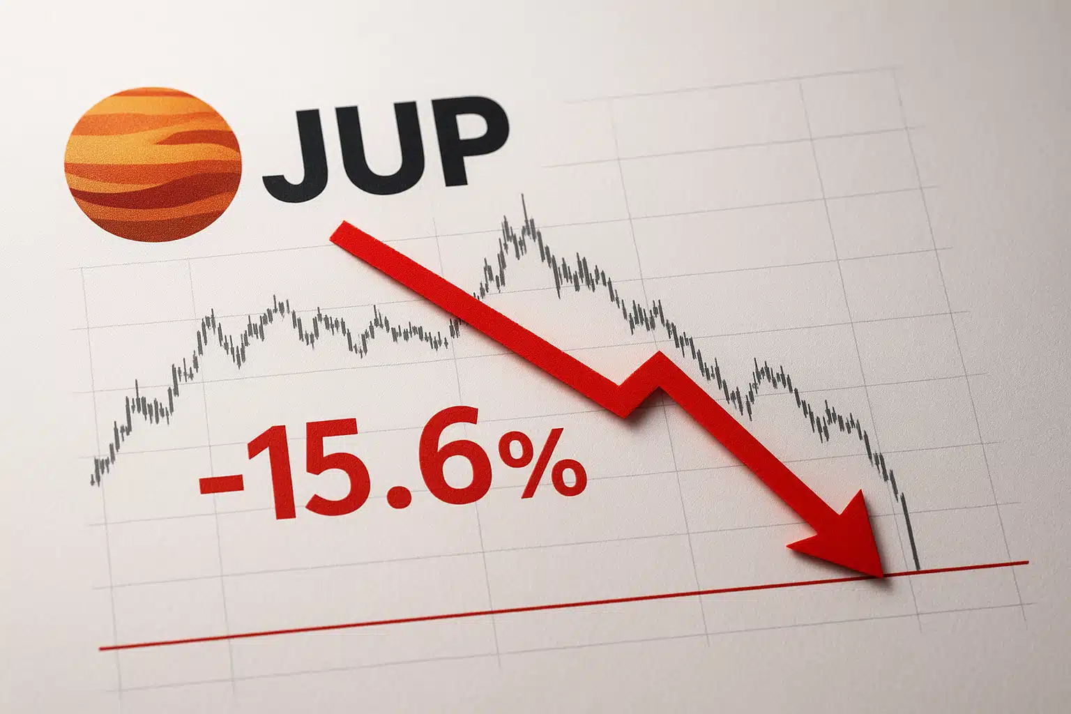 Jupiter logo next to a financial line chart with a bold red zigzag arrow plunging to a support line, annotated with –15.6% indicating the drop.