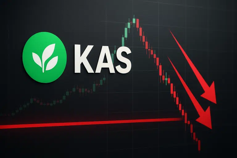 Kaspa logo beside a dark candlestick chart showing a steep red sell-off breaking below a red support line, emphasized by three large red downward arrows.