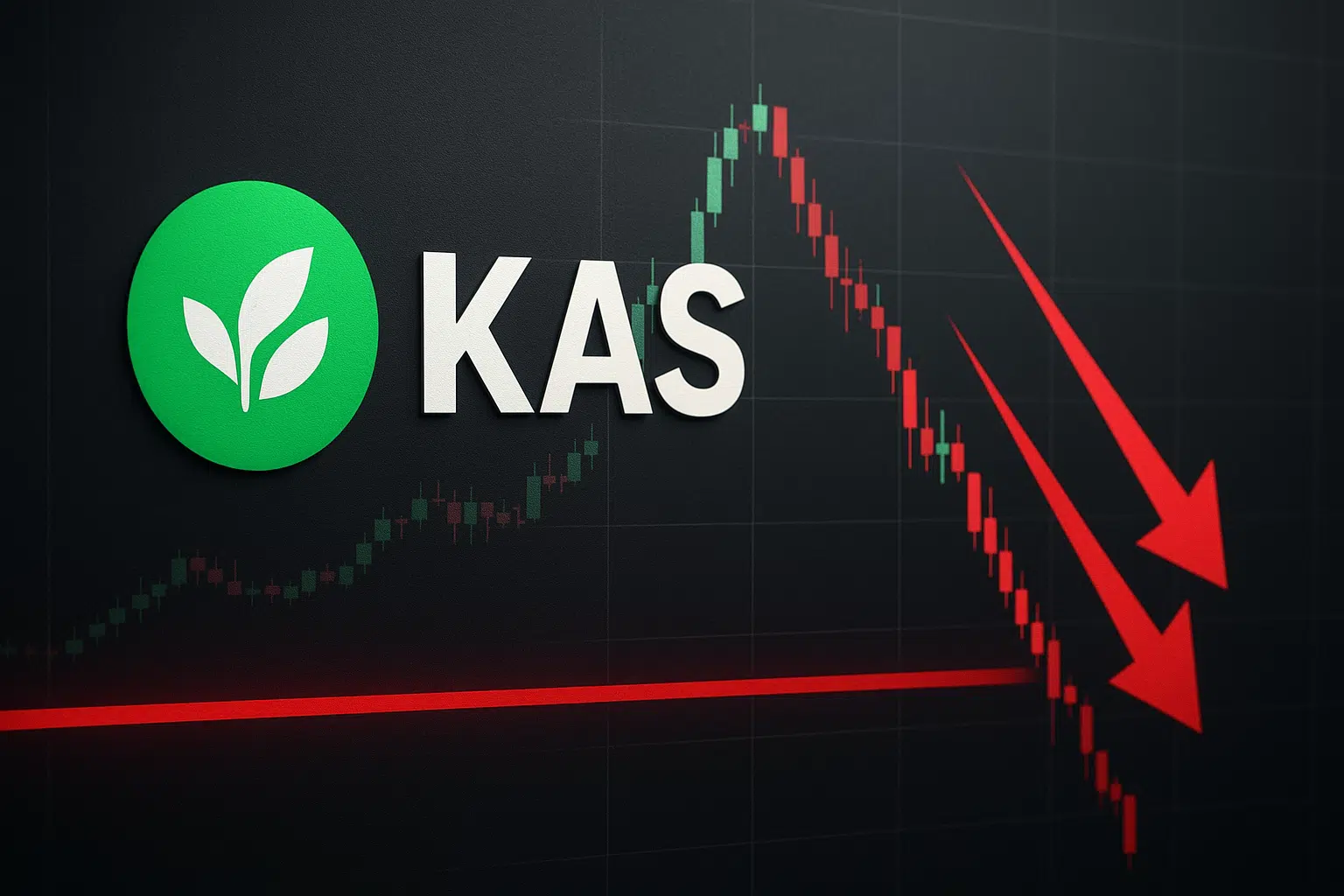 Kaspa logo beside a dark candlestick chart showing a steep red sell-off breaking below a red support line, emphasized by three large red downward arrows.