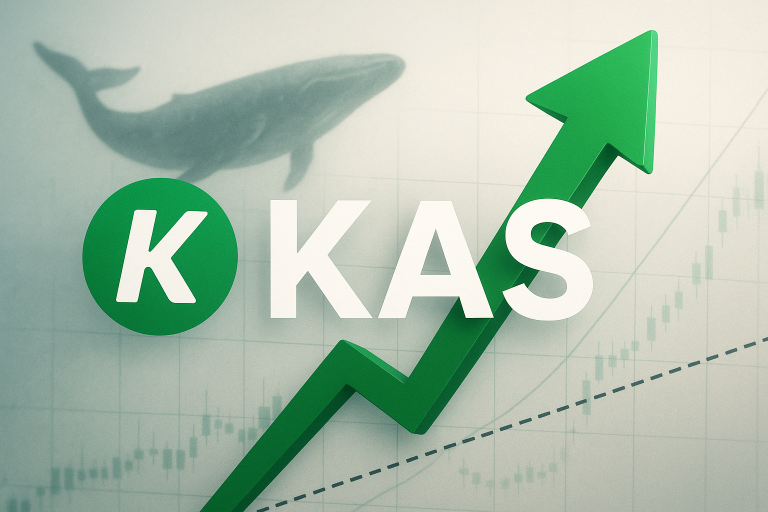 Stylized graphic of a green upward-trending zigzag arrow overlaid on a candlestick chart, with the letters KAS in bold green and a faint whale silhouette in the background.