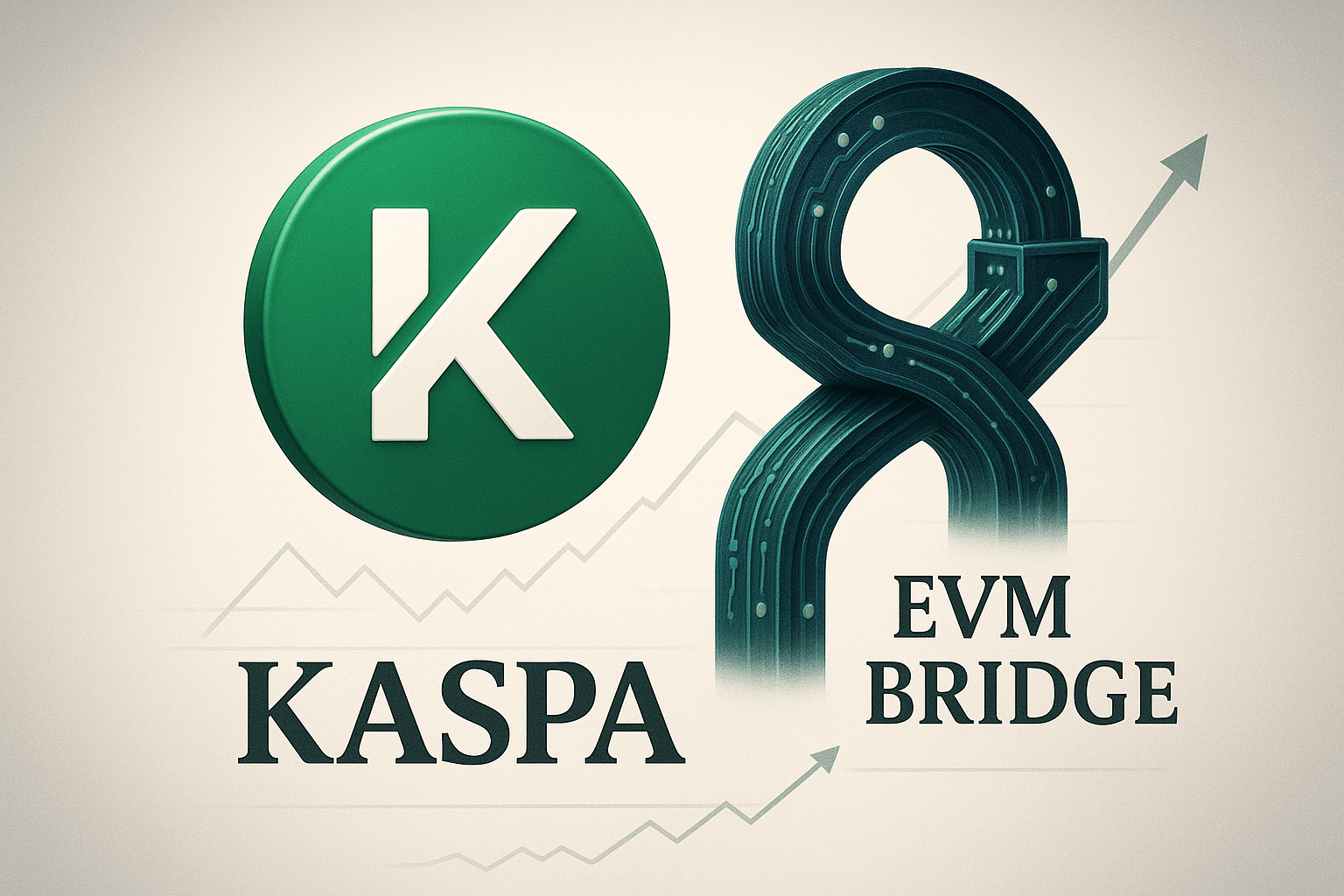 Green Kaspa coin logo beside a looping eight-shaped EVM Bridge graphic with faint upward-trending chart lines in the background