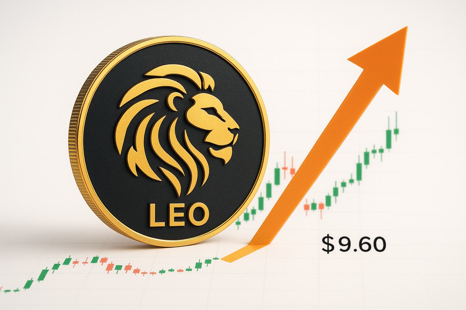 Gold-edged black coin embossed with a stylized lion head and the word “LEO” in front of a green and red candlestick chart, with a bold orange arrow soaring upward past the $9.60 mark.